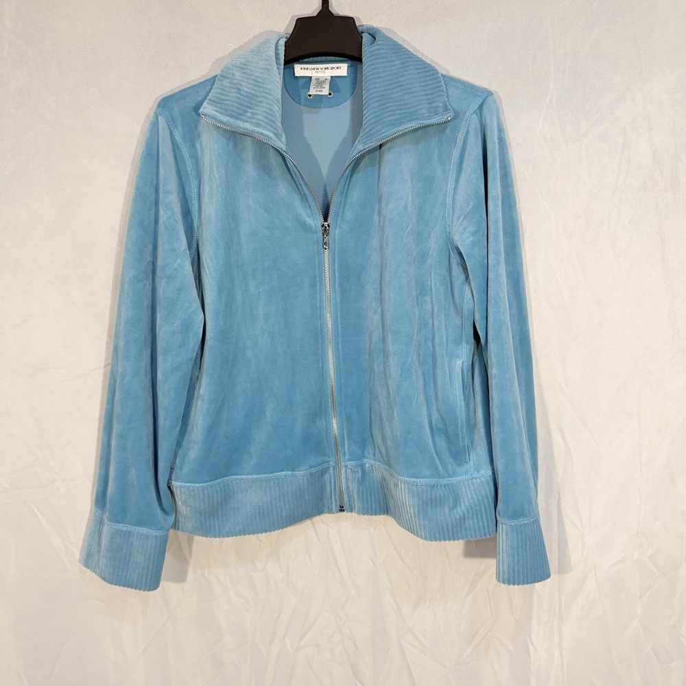 jones New York Full Zip Velour Sweater PL Light Teal Blue Track Jacket